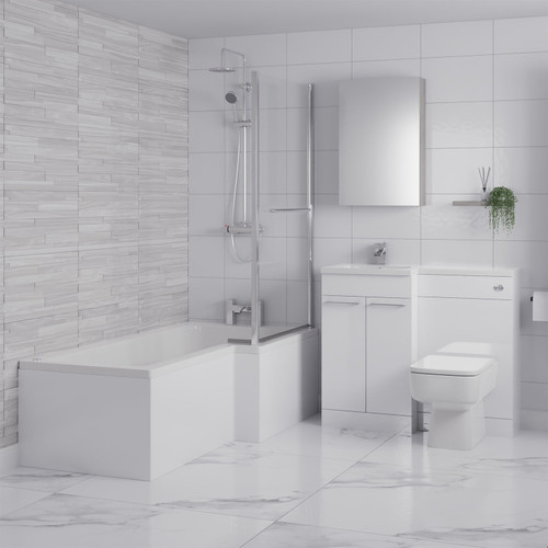 Loire 1700mm 12 Jet Chrome Easifit Right Hand L Shaped Spa Shower Bath with Towel Rail Bath Screen and Front Bath Panel Lifestyle Image