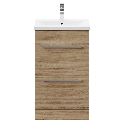 Napoli Bordalino Oak 500mm Floor Standing Vanity Unit with 1 Tap Hole Basin and 2 Drawers with Polished Chrome Handles Front View