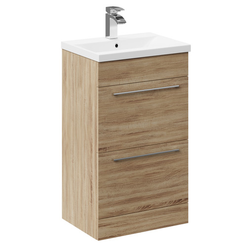 Napoli Bordalino Oak 500mm Floor Standing Vanity Unit with 1 Tap Hole Basin and 2 Drawers with Polished Chrome Handles Left Hand View
