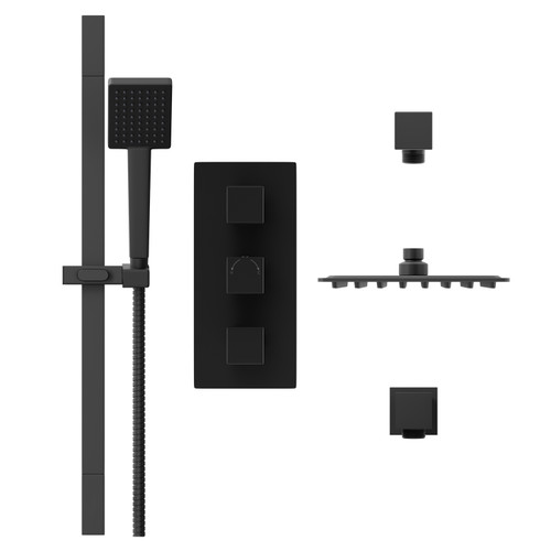Colore Square Matt Black Concealed Triple Thermostatic Shower Valve With Square Fixed Shower Head And Square Slide Rail Kit - 2 Outlet - Front View