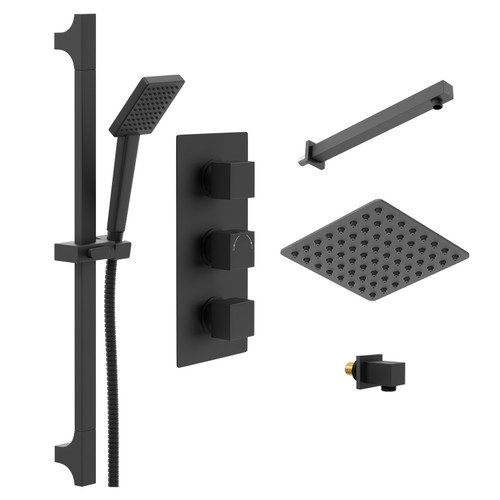 Colore Square Matt Black Concealed Triple Thermostatic Shower Valve With Square Fixed Shower Head And Square Slide Rail Kit - 2 Outlet - Left View