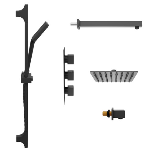 Colore Square Matt Black Concealed Triple Thermostatic Shower Valve With Square Fixed Shower Head And Square Slide Rail Kit - 2 Outlet - Side View