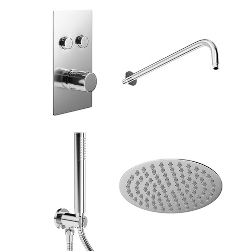 Circo Polished Chrome Concealed Push Button Twin Thermostatic Shower Valve Including Round Fixed Shower Head and Round Shower Outlet Holder with Kit Left Hand View