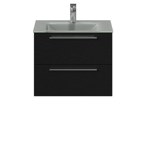 Venice Nero Oak 600mm Wall Mounted Vanity Unit with Grey Glass 1 Tap Hole Basin and 2 Drawers with Polished Chrome Handles Front View