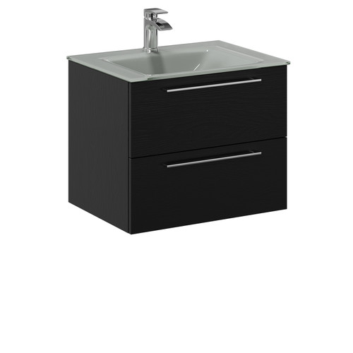 Venice Nero Oak 600mm Wall Mounted Vanity Unit with Grey Glass 1 Tap Hole Basin and 2 Drawers with Polished Chrome Handles Left Hand View