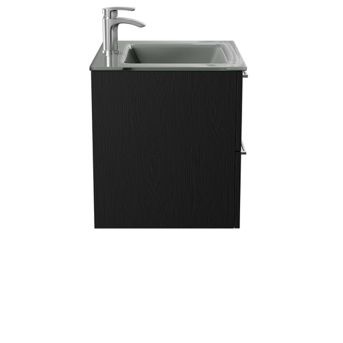 Venice Nero Oak 600mm Wall Mounted Vanity Unit with Grey Glass 1 Tap Hole Basin and 2 Drawers with Polished Chrome Handles Side View