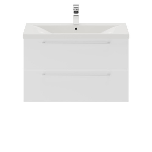 Napoli Gloss White 800mm Wall Mounted Vanity Unit with 1 Tap Hole Basin and 2 Drawers with Polished Chrome Handles Front View