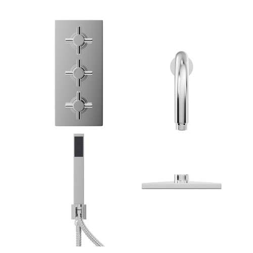 Cross Polished Chrome Triple Thermostatic Valve Mixer Shower With Square Fixed Head And Square Handset Outlet Holder - 2 Outlet - Front View
