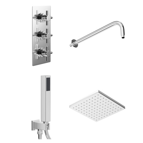 Cross Polished Chrome Triple Thermostatic Valve Mixer Shower With Square Fixed Head And Square Handset Outlet Holder - 2 Outlet - Left View