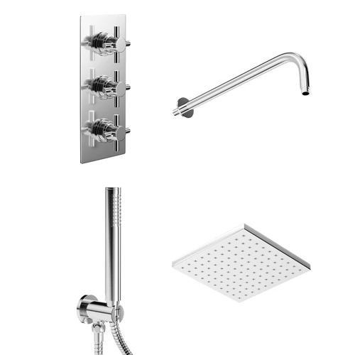 Cross Polished Chrome Triple Thermostatic Valve Mixer Shower with Square Fixed Head and Round Handset Outlet Holder Left Hand View