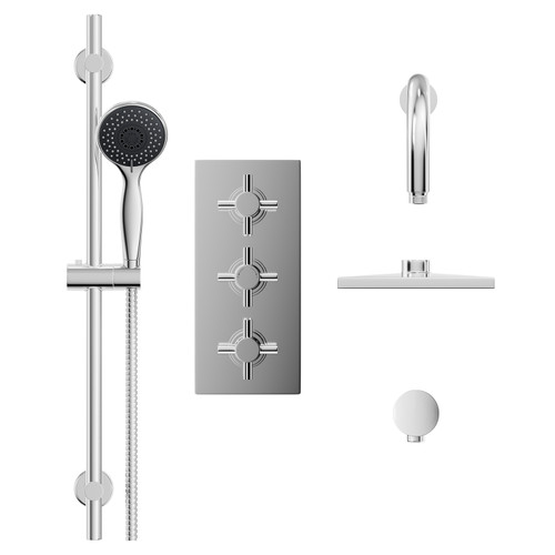 Cross Polished Chrome Triple Thermostatic Valve Mixer Shower With Square Fixed Head And Clyde Shower Slide Rail Kit - 2 Outlet - Front View