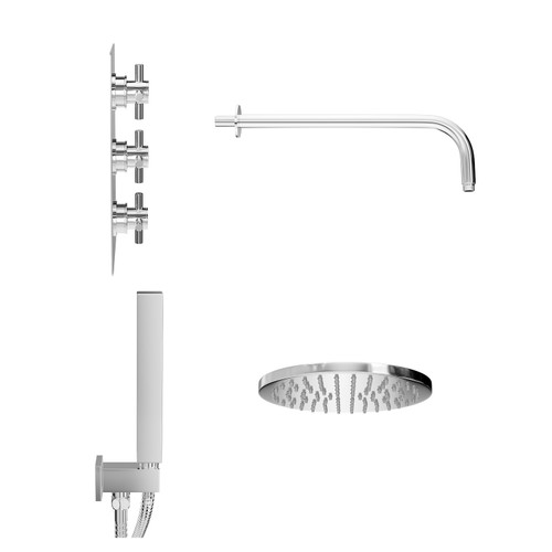 Cross Polished Chrome Triple Thermostatic Valve Mixer Shower With Round Fixed Head And Square Handset Outlet Holder - 2 Outlet - Side View