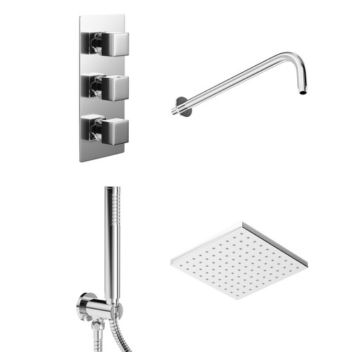 Cubix Polished Chrome Triple Thermostatic Valve Mixer Shower with Square Fixed Head and Round Handset Outlet Holder Left Hand View