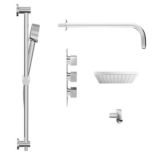 Cubix Polished Chrome Triple Thermostatic Valve Mixer Shower With Square Fixed Head And Tyne Shower Slide Rail Kit - 2 Outlet - Side View