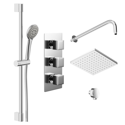 Cubix Polished Chrome Triple Thermostatic Valve Mixer Shower With Square Fixed Head And Avon Shower Slide Rail Kit - 2 Outlet - Left View