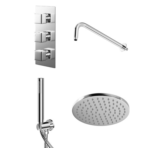 Cubix Polished Chrome Triple Thermostatic Valve Mixer Shower with Round Fixed Head and Round Handset Outlet Holder Right Hand View