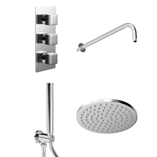 Cubix Polished Chrome Triple Thermostatic Valve Mixer Shower with Round Fixed Head and Round Handset Outlet Holder Left Hand View