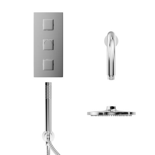 Cubix Polished Chrome Triple Thermostatic Valve Mixer Shower with Round Fixed Head and Round Handset Outlet Holder Front View