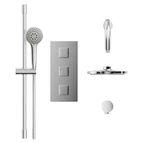 Cubix Polished Chrome Triple Thermostatic Valve Mixer Shower With Round Fixed Head And Avon Shower Slide Rail Kit - 2 Outlet - Front View