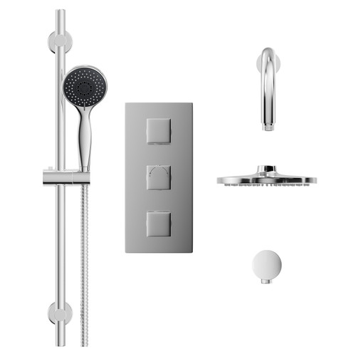 Cubix Polished Chrome Triple Thermostatic Valve Mixer Shower With Round Fixed Head And Clyde Shower Slide Rail Kit - 2 Outlet - Front View