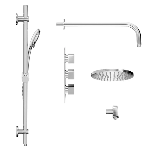 Cubix Polished Chrome Triple Thermostatic Valve Mixer Shower With Round Fixed Head And Clyde Shower Slide Rail Kit - 2 Outlet - Side View