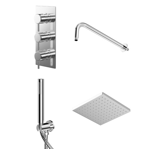 Circo Polished Chrome Triple Thermostatic Valve Mixer Shower with Square Fixed Head and Round Handset Outlet Holder Right Hand View