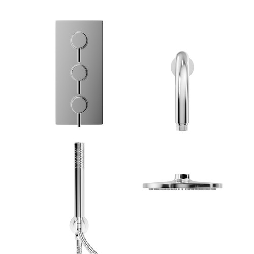 Circo Polished Chrome Triple Thermostatic Valve Mixer Shower with Round Fixed Head and Round Handset Outlet Holder Front View