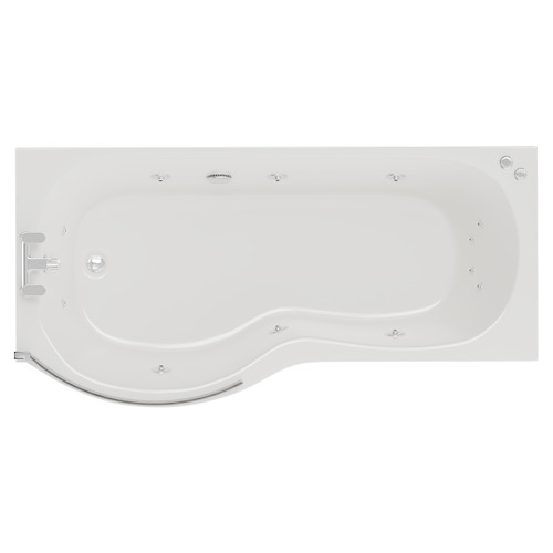 Plage 1700mm 12 Jet Chrome V-Tec Left Hand P Shaped Whirlpool Shower Bath with Bath Screen and Front Bath Panel View from Above