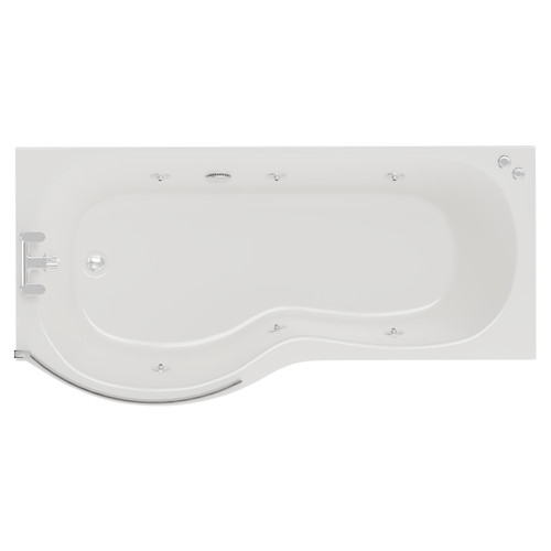 Plage 1700mm 6 Jet Chrome V-Tec Left Hand P Shaped Whirlpool Shower Bath with Bath Screen and Front Bath Panel View from Above