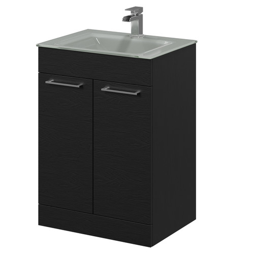 Venice Nero Oak 600mm Floor Standing Vanity Unit with Grey Glass 1 Tap Hole Basin and 2 Doors with Polished Chrome Handles Right Hand View