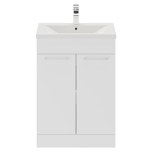 Napoli Gloss White 600mm Floor Standing Vanity Unit with 1 Tap Hole Basin and 2 Doors with Polished Chrome Handles Front View