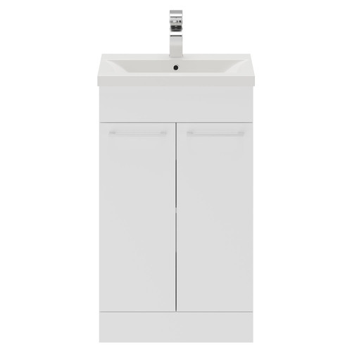 Napoli Gloss White 500mm Floor Standing Vanity Unit with 1 Tap Hole Basin and 2 Doors with Polished Chrome Handles Front View