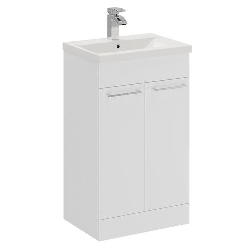 Napoli Gloss White 500mm Floor Standing Vanity Unit with 1 Tap Hole Basin and 2 Doors with Polished Chrome Handles Left Hand Side View