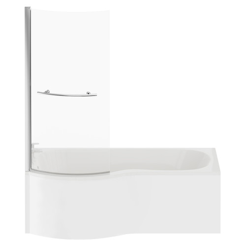 Plage 1500mm Left Hand P Shaped Shower Bath with Towel Rail Bath Screen and Front Bath Panel Front View