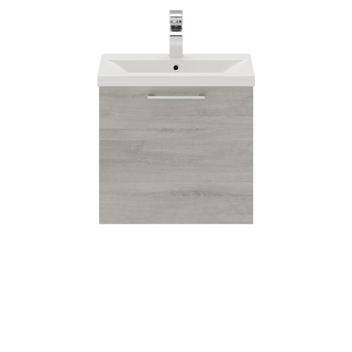 Napoli Molina Ash 500mm Wall Mounted Vanity Unit with 1 Tap Hole Basin and Single Drawer with Polished Chrome Handle Front View