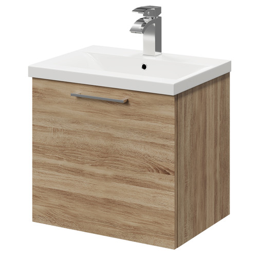 Napoli Bordalino Oak 500mm Wall Mounted Vanity Unit with 1 Tap Hole Basin and Single Drawer with Polished Chrome Handle Right Hand View