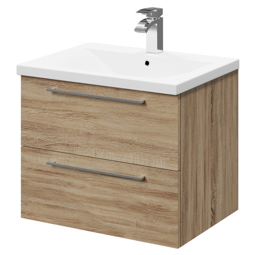 Napoli Bordalino Oak 600mm Wall Mounted Vanity Unit with 1 Tap Hole Basin and 2 Drawers with Polished Chrome Handles Right Hand View