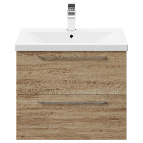 Napoli Bordalino Oak 600mm Wall Mounted Vanity Unit with 1 Tap Hole Basin and 2 Drawers with Polished Chrome Handles Front View