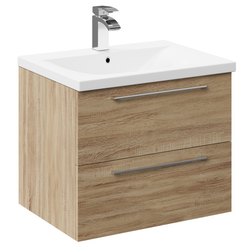 Napoli Bordalino Oak 600mm Wall Mounted Vanity Unit with 1 Tap Hole Basin and 2 Drawers with Polished Chrome Handles Left Hand View