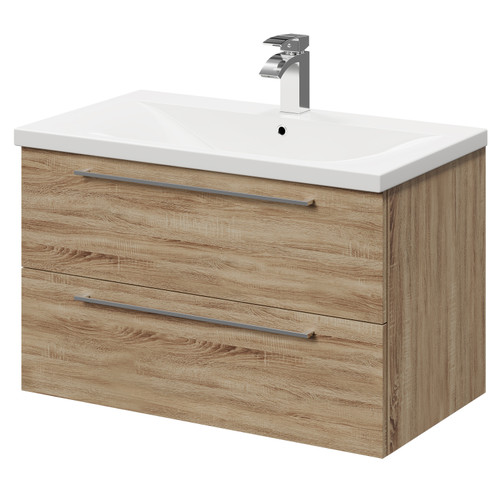 Napoli Bordalino Oak 800mm Wall Mounted Vanity Unit with 1 Tap Hole Basin and 2 Drawers with Polished Chrome Handles Right Hand View