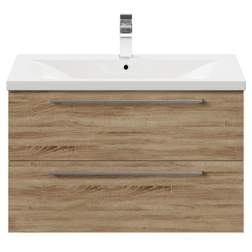 Napoli Bordalino Oak 800mm Wall Mounted Vanity Unit with 1 Tap Hole Basin and 2 Drawers with Polished Chrome Handles Front View