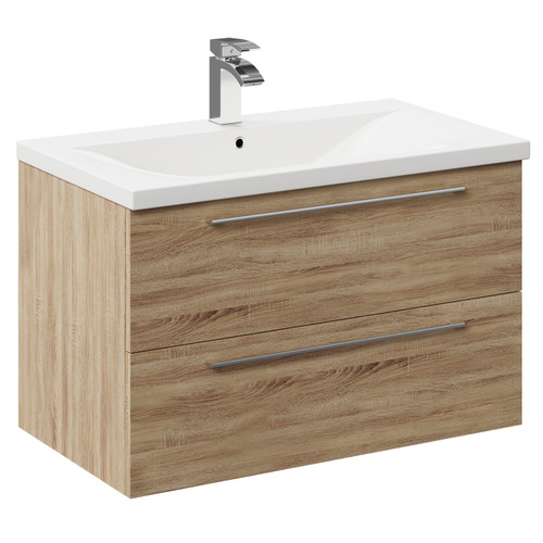 Napoli Bordalino Oak 800mm Wall Mounted Vanity Unit with 1 Tap Hole Basin and 2 Drawers with Polished Chrome Handles Left Hand View