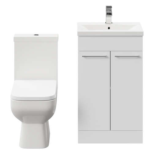 Turin Gloss White 500mm Floor Standing Vanity Unit and Toilet Suite with 1 Tap Hole Basin and 2 Doors with Polished Chrome Handles Front View