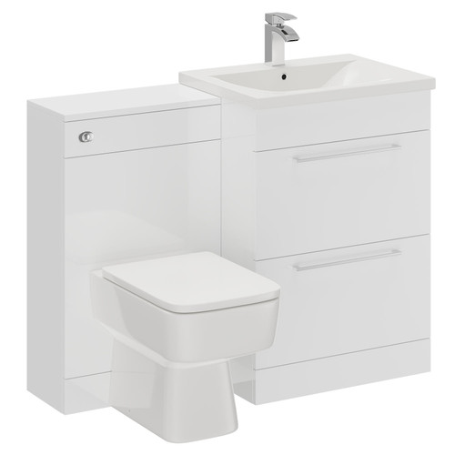 Napoli Gloss White 1100mm Vanity Unit Toilet Suite with 1 Tap Hole Basin and 2 Drawers with Polished Chrome Handles Left Hand Side View
