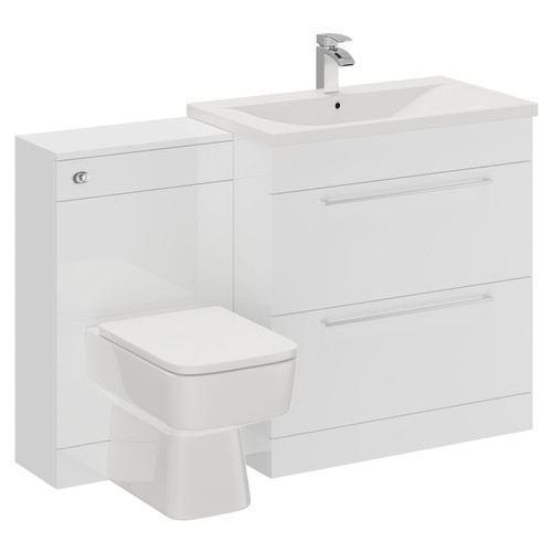 Napoli Gloss White 1300mm Vanity Unit Toilet Suite with 1 Tap Hole Basin and 2 Drawers with Polished Chrome Handles Left Hand Side View