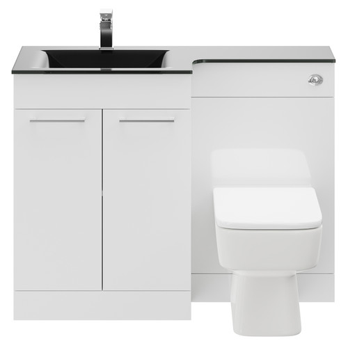 Venice Square Gloss White 1100mm Vanity Unit Toilet Suite with Left Hand Anthracite Glass 1 Tap Hole Basin and 2 Doors with Polished Chrome Handles Front View