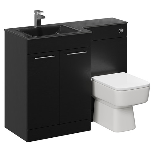 Venice Square Nero Oak 1100mm Vanity Unit Toilet Suite with Left Hand Anthracite Glass 1 Tap Hole Basin and 2 Doors with Polished Chrome Handles Left Hand View