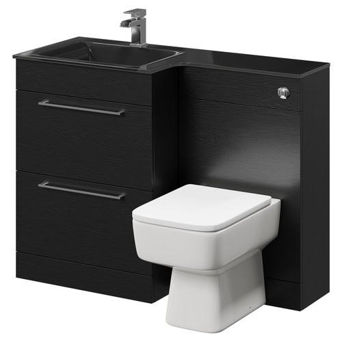 Venice Square Nero Oak 1100mm Vanity Unit Toilet Suite with Left Hand Anthracite Glass 1 Tap Hole Basin and 2 Drawers with Polished Chrome Handles Right Hand View