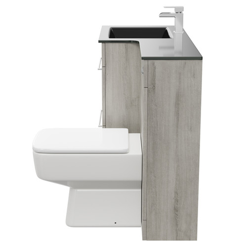 Venice Square Molina Ash 1100mm Vanity Unit Toilet Suite with Left Hand Anthracite Glass 1 Tap Hole Basin and 2 Drawers with Polished Chrome Handles Side on View