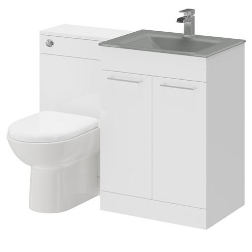 Venice Mono Gloss White 1100mm Vanity Unit Toilet Suite with Grey Glass 1 Tap Hole Basin and 2 Doors with Polished Chrome Handles Right Hand Side View